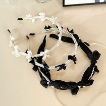 Light luxury small fragrant style pearl headband high-end black pleated hairpin womens high headband and versatile headband for going out.