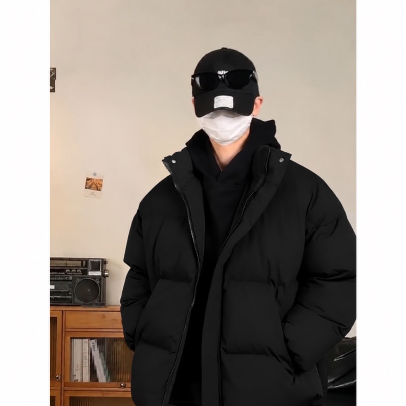 American High Street Style Pure Black Stand Collar Simple down Jacket for Young Men, Large Size Loose Trendy Brand Cotton Casual Coat for Men