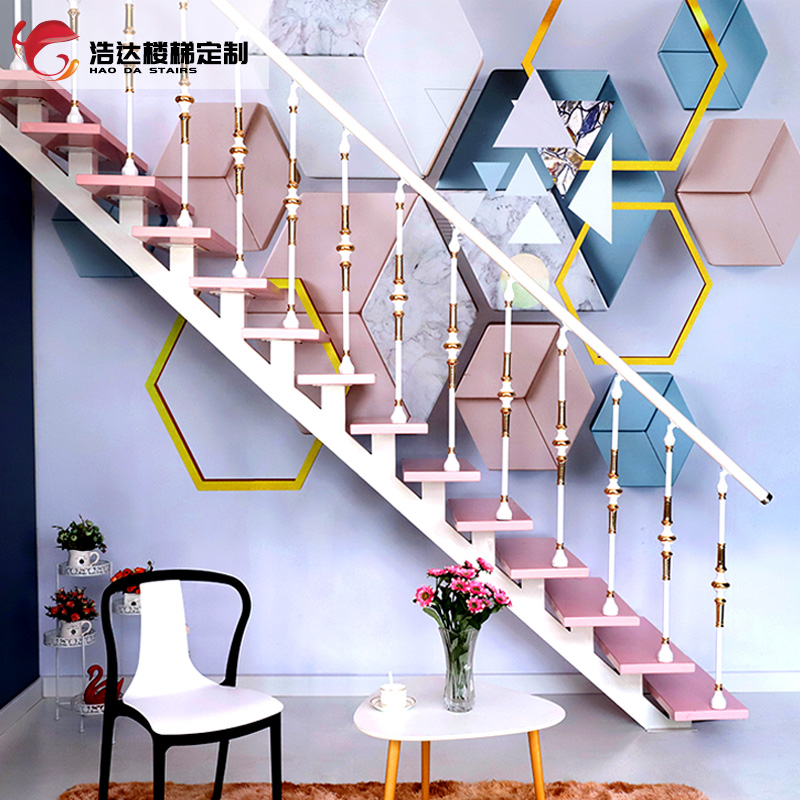 Haoda straight beam staircase overall custom attic indoor solid wood step double steel wood straight ladder home jump ladder