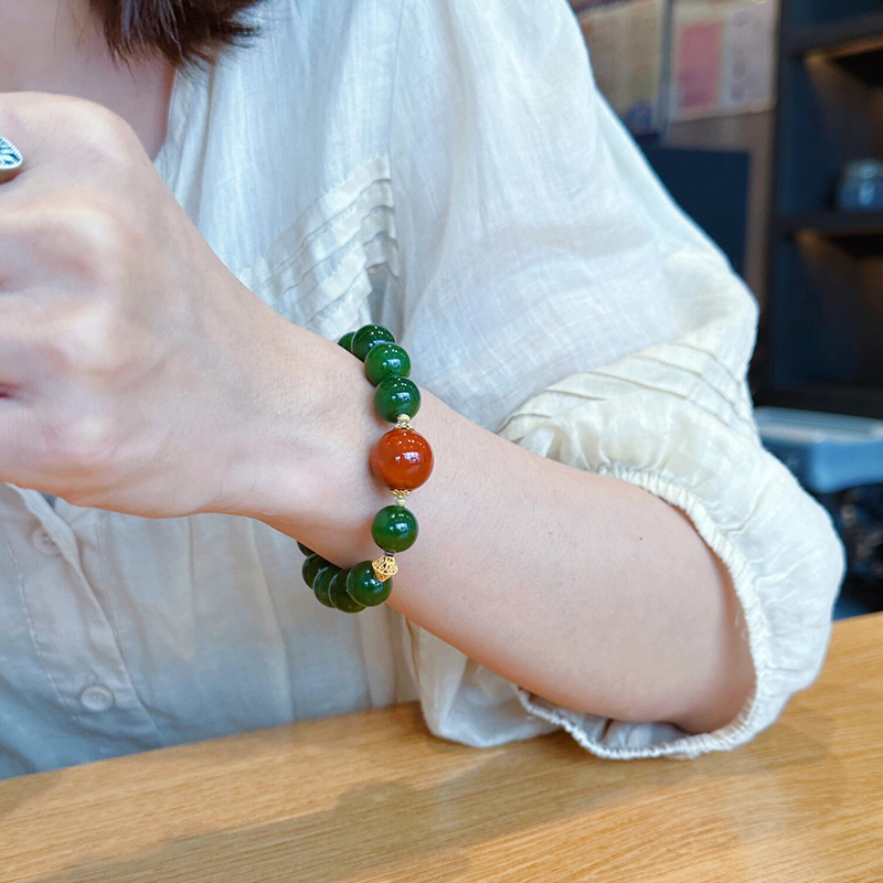 Natural Old Mine Material Russian Spinach Green Jade Bracelet with Large Beads, Southern Red Fortune Beads, and Hetian Jade Bracelet for Men and Women Natural Old Mine Material Russian Spinach Green Jade Bracelet with Large Beads, Southern Red Fortune Beads, and Hetian Jade Bracelet for Men and Women