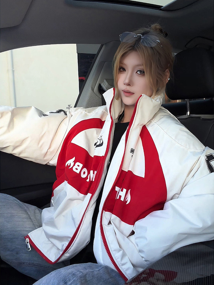 American-Style Color-Block Printed down Jacket for Men and Women, Winter Vintage Biker Cotton Jacket with a High-End Feel, Stand-Up Collar Racing Cotton Coat