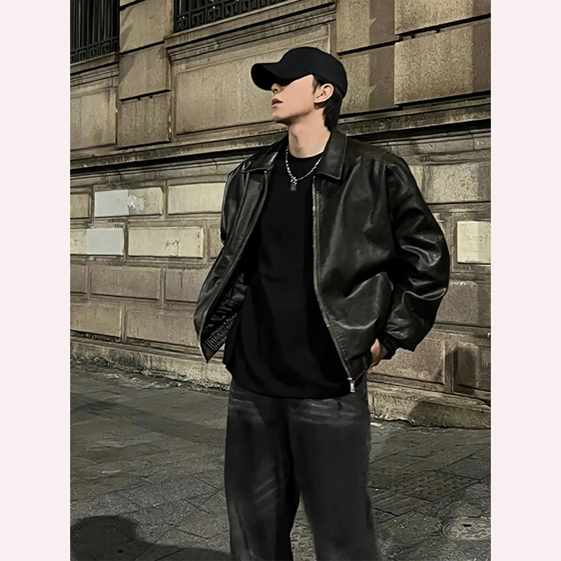 Short Black Leather Jacket for Men, Spring and Autumn Style, Padded and Thickened, Cool American Retro Pilot Motorcycle Jacket Short Black Leather Jacket for Men, Spring and Autumn Style, Padded and Thickened, Cool American Retro Pilot Motorcycle Jacket