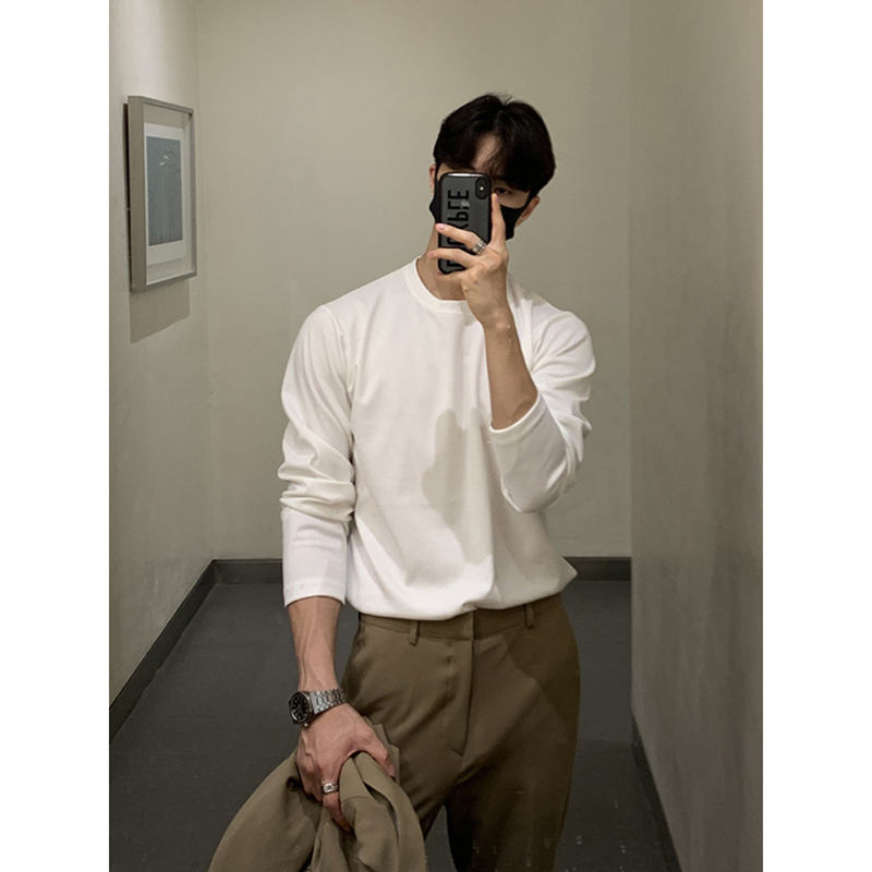 British-Style Casual Men's Long-Sleeve T-Shirt, Heavy Small-Neckline White Sweatshirt, Pure Cotton, Suitable for Wearing under a Suit, American-Style Base Layer Shirt