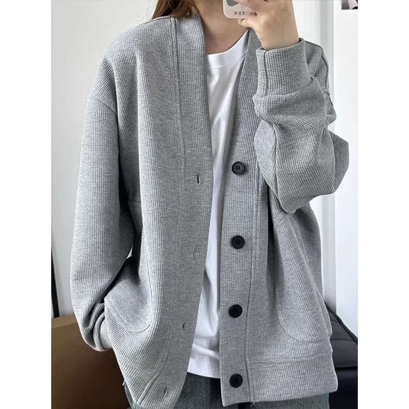 Gray American-Style Heavyweight Waffle Knit Sweatshirt for Men, Autumn High-End Lazy and Relaxed Style Knit Cardigan Jacket