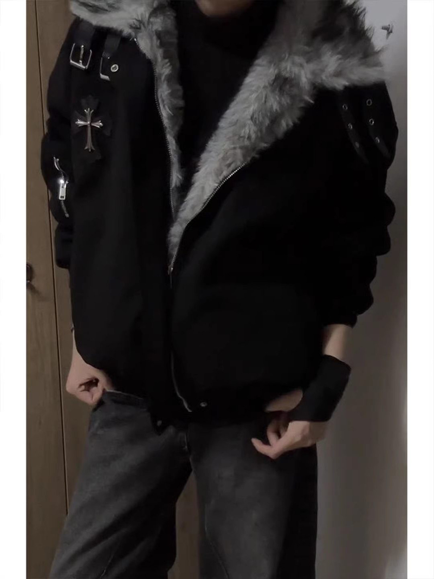 American Retro Style Mountain Carving Cotton Jacket for Men, Winter Cross Fur Collar Work Jacket, Thickened and Warm Cotton Coat