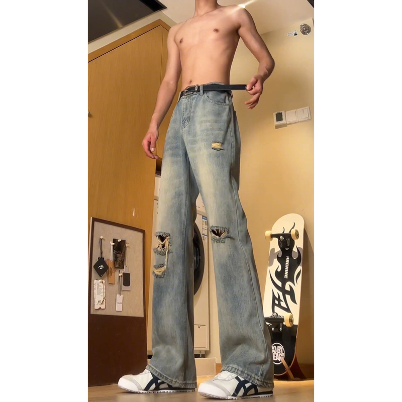 Retro Blue Ripped Jeans for Men, American Style Ootd Extended Pants for Tall People, Slimming Look Scimitar Bootcut Pants