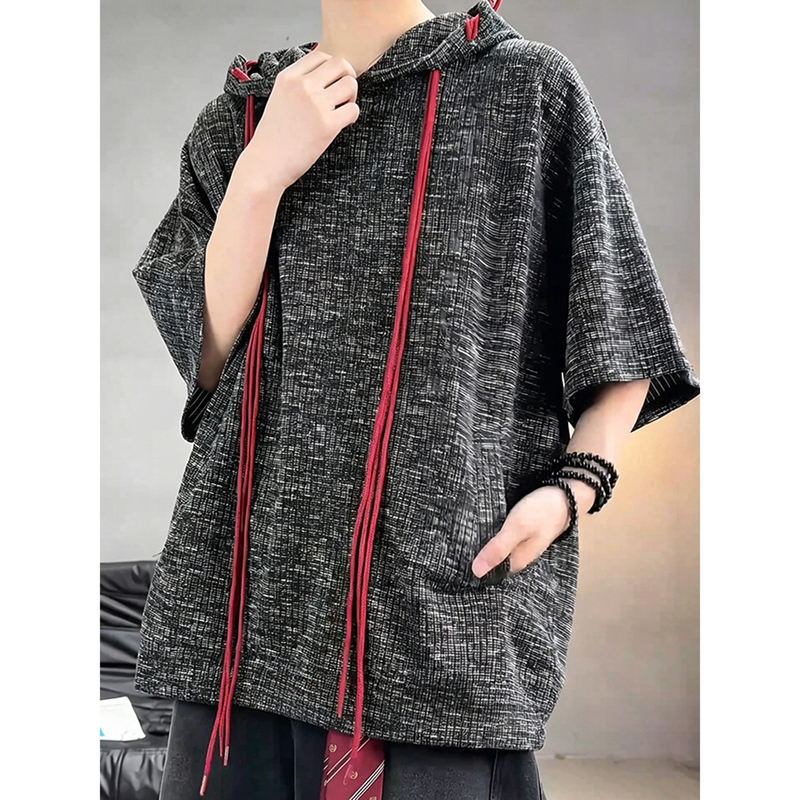 Black Hooded Sweatshirt Short-Sleeve Men's American High Street Design Drawstring Sports T-Shirt Loose Heavyweight Half-Sleeve