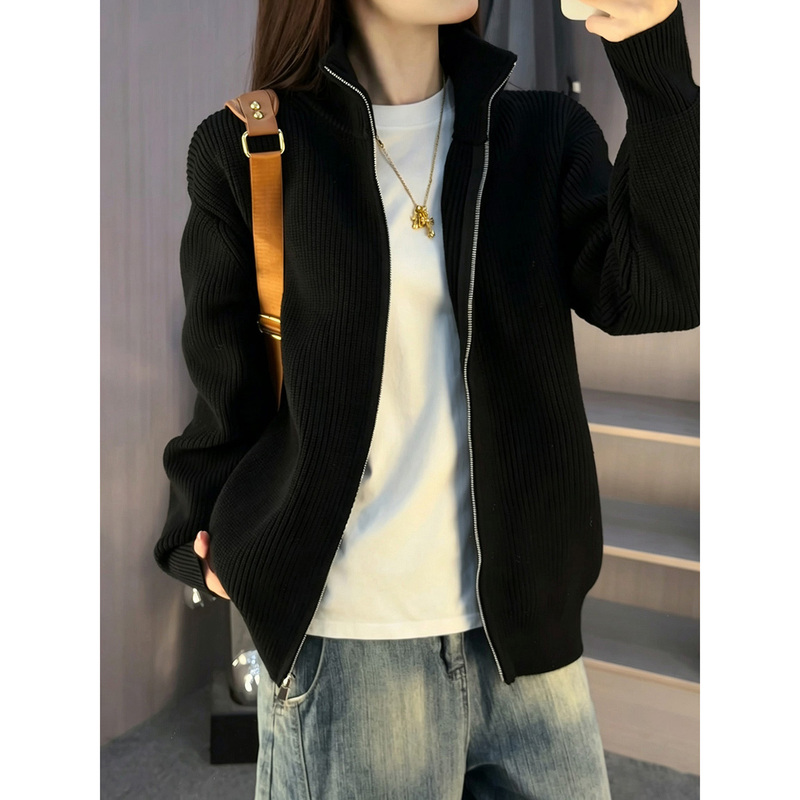 Black Double-Zip Stand-Collar Cardigan Sweater for Men, Autumn American-Style Lazy Knit Jacket, Cool Couple's Jacket