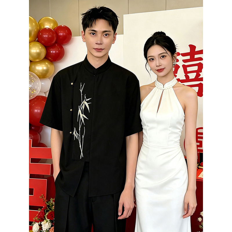 New Chinese-Style National Style Bamboo Embroidery Short-Sleeved Shirt for Men, Suitable for Wedding and Engagement, Summer High-End Feel, Diagonal Collar Shirt