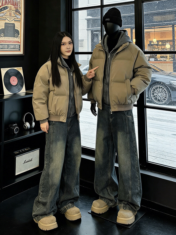 Fake Two-Piece Hooded Pu Leather down Cotton Jacket for Men, Winter Outfit, Cleanfit Short American-Style Puffer Jacket