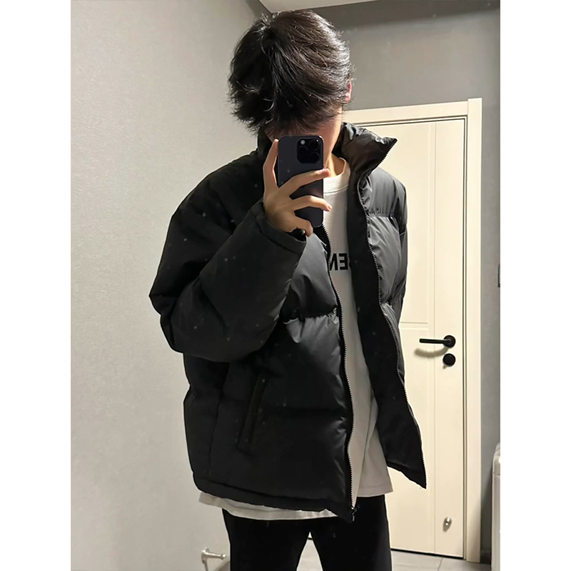Black American-Style Workwear down Jacket for Men, Winter Thickened Lightweight Cotton Coat, Cleanfit Stand-Up Collar Puffer Jacket