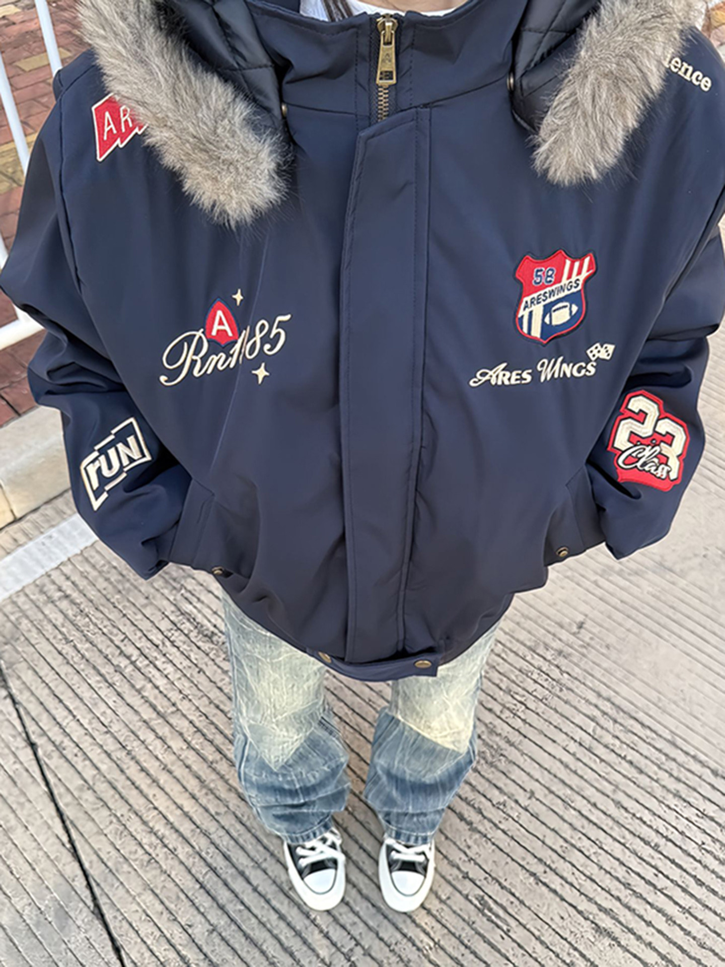 Navy Blue American-Style down Parka Cotton Jacket for Men, Cool and Stylish Outfit Set, Winter Embroidered Fur Collar Coat, Puffer Jacket