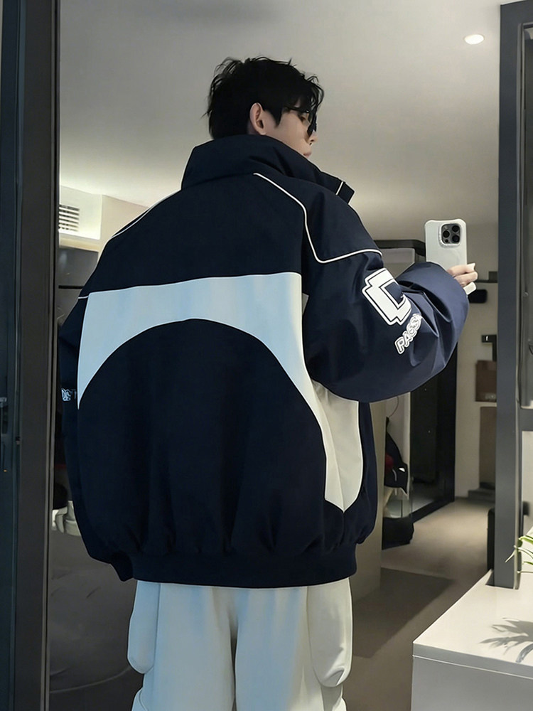 Patchwork Color-Block Printed down Cotton Jacket for Men, Winter American High Street Biker Jacket, Stand Collar, Cool Workwear Puffer Jacket