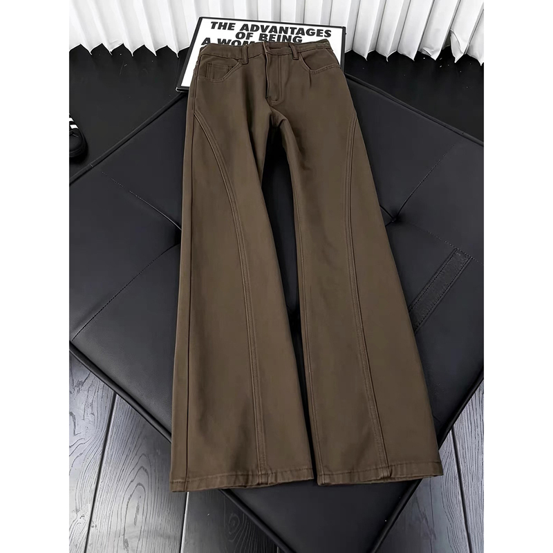 Men's Summer Cotton Slanted Hem Flared Jeans in Maillard Brown Coffee Color, American Retro Straight-Leg Work Pants Men's Summer Cotton Slanted Hem Flared Jeans in Maillard Brown Coffee Color, American Retro Straight-Leg Work Pants