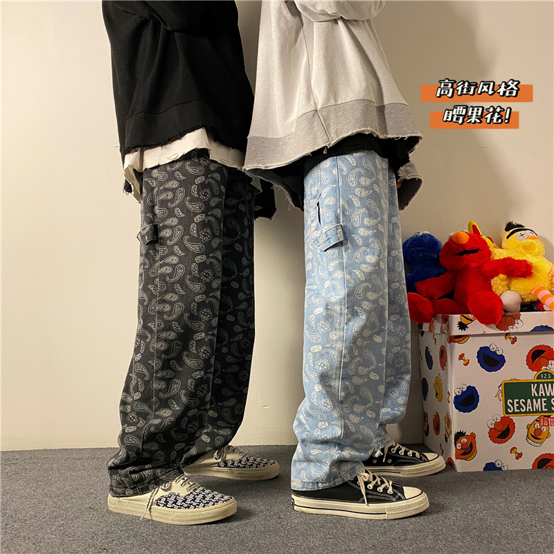 ins high street denim pants male tide cards straight barrel loose day series cashew pants trendy broadlegged 2022 new