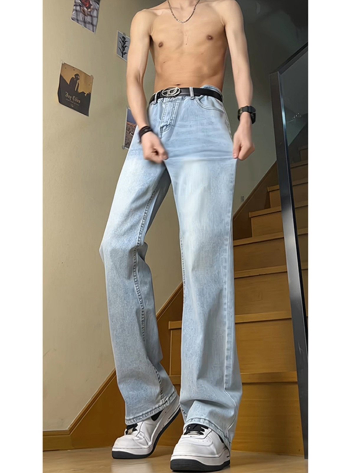 Summer Ice Blue Jeans for Men, Thin American High Street Vibe Pants, Trendy Straight-Leg Slimming Flared Trousers