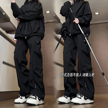 Black American-Style Functional Softshell Pants for Men, Autumn and Winter Fleece-Lined Pleated Work Pants, Outdoor Hiking Windproof Pants