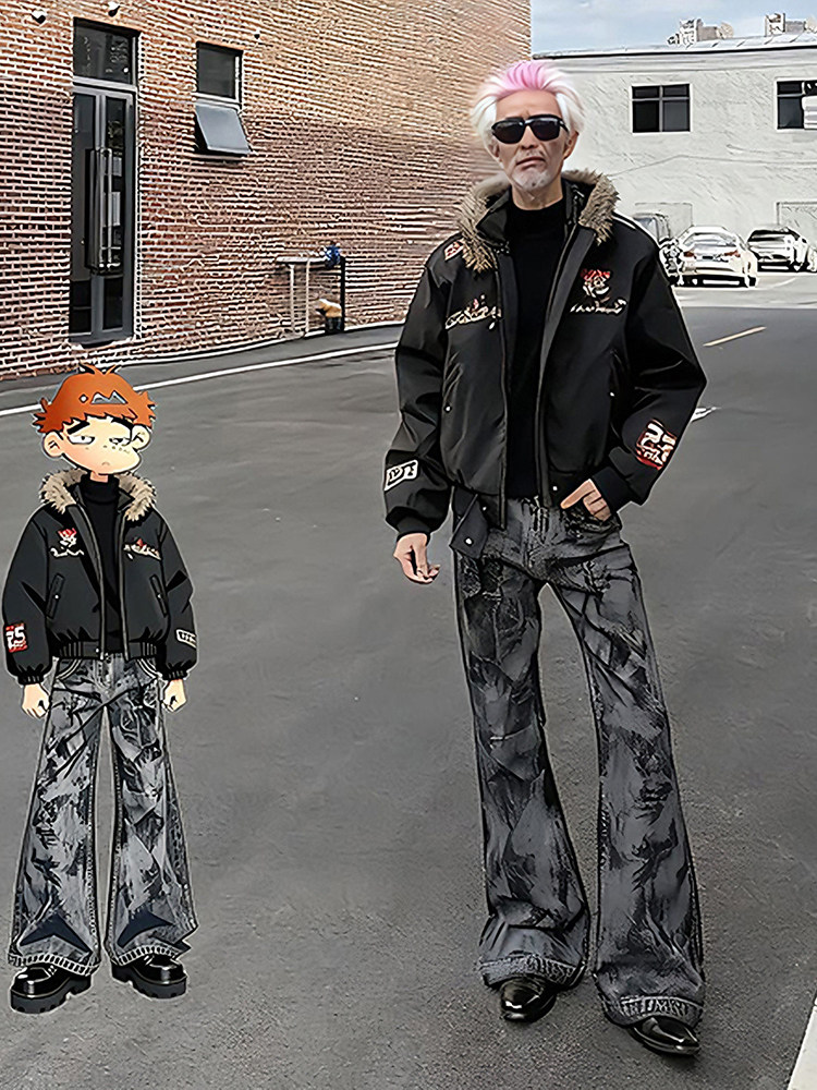 Navy Blue Workwear-Style down Parka for Men, Winter Thickened Short Embroidered Fur Collar Jacket, High Street American Style Puffer Coat