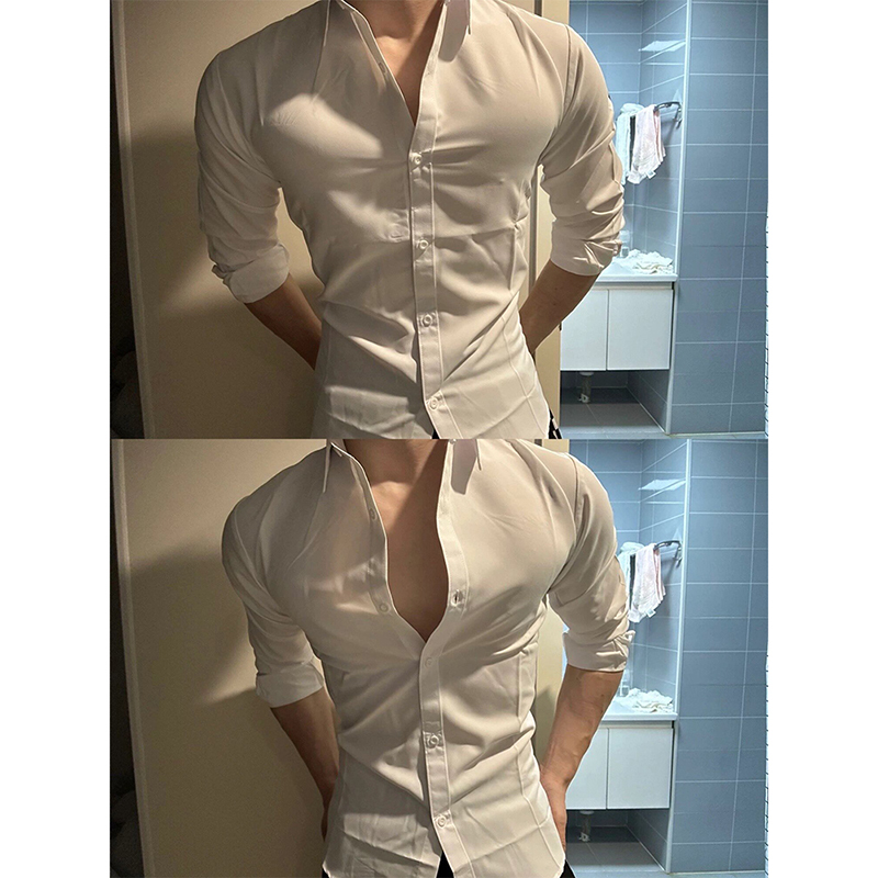 White Ascetic Style Naples Long-Sleeved Shirt, Spring Season, Shows Muscles, Mature and Stable, Men's Top, Slim-Fit Shirt