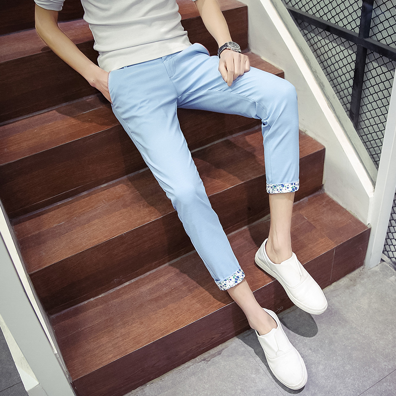 Summer British eight-point pants Men's nine-point casual pants Korean version of the student stretch slim 8-point shorts smoke pipe pants trend