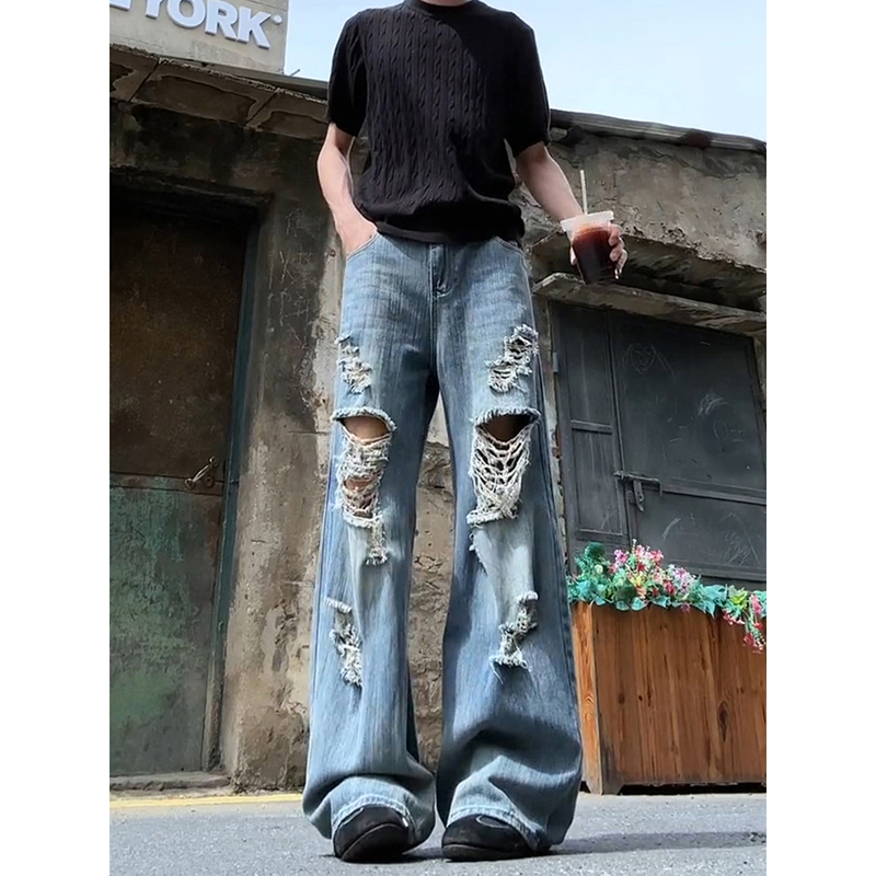 Bamboo Texture Distressed Ripped Jeans for Men, Summer Thin Style, American Vibe, Straight-Leg, Slightly Flared, Wide-Leg Pants
