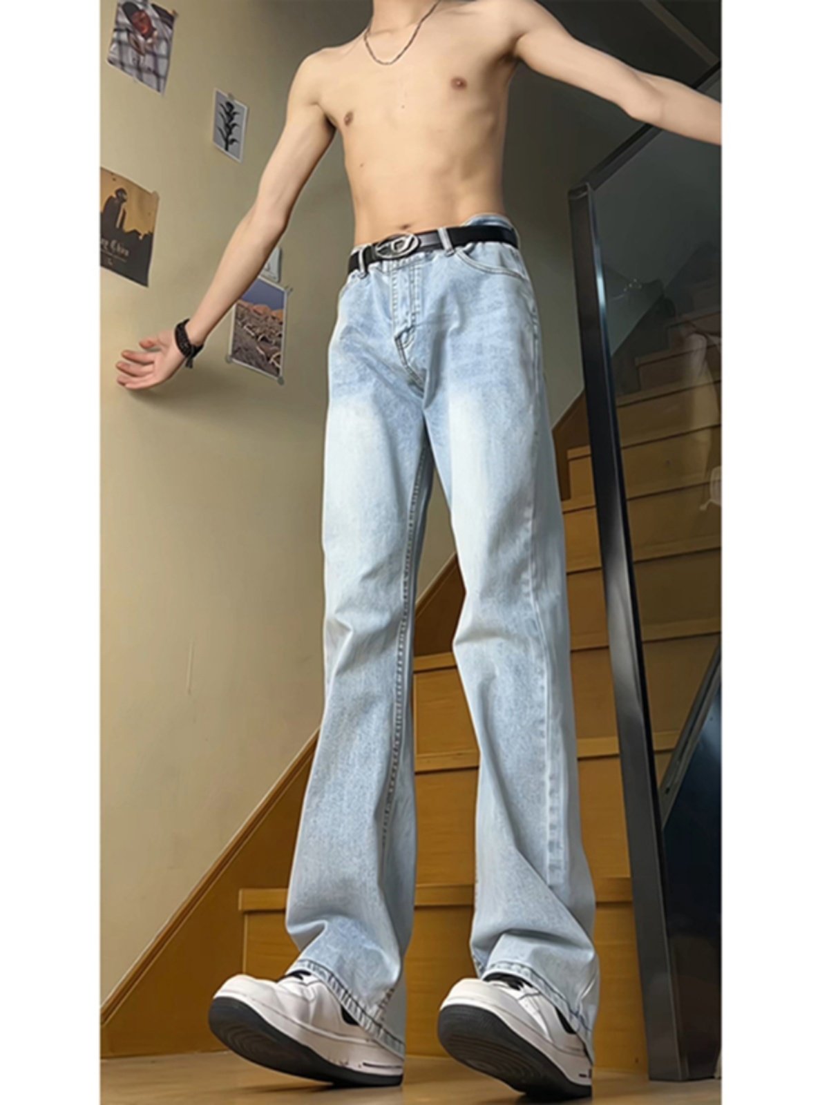 Summer Ice Blue Jeans for Men, Thin American High Street Vibe Pants, Trendy Straight-Leg Slimming Flared Trousers