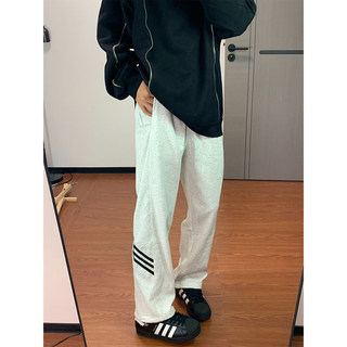 Three-Stripe White Floral Gray Sweatpants for Men, Summer Cleanfit Qingdao Jimo Pants, Straight-Leg American Style Versatile Long Pants