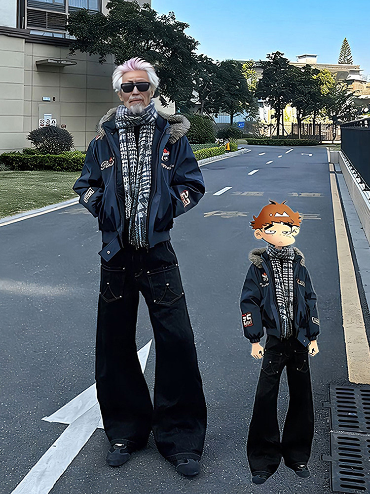 Navy Blue Workwear-Style down Parka for Men, Winter Thickened Short Embroidered Fur Collar Jacket, High Street American Style Puffer Coat