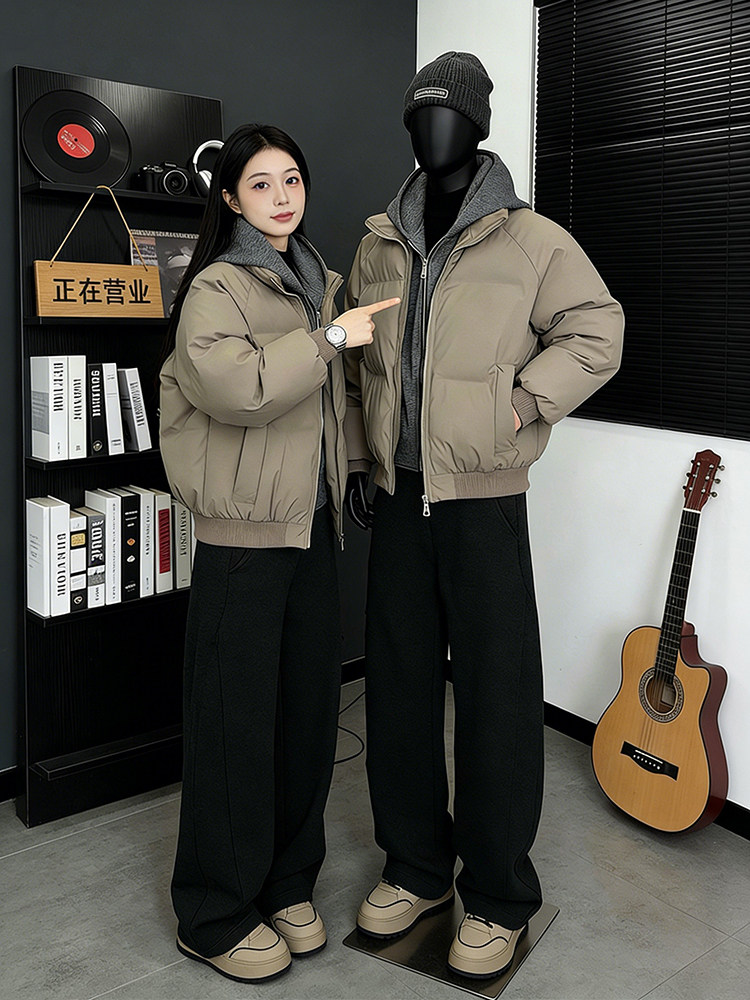 Fake Two-Piece Hooded Pu Leather down Cotton Jacket for Men, Winter Outfit, Cleanfit Short American-Style Puffer Jacket