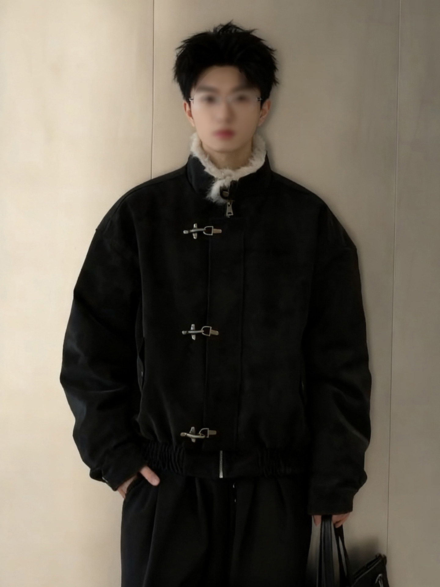 American-Style Aviator Buckle Collar Shearling Jacket for Men, Winter Fleece-Lined Thickened Pu Leather Cotton Coat, Stand Collar Harrington Jacket