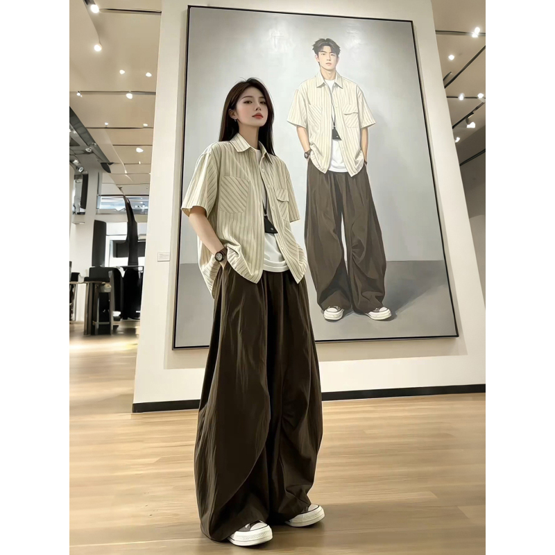 Apricot Striped Short-Sleeved Shirt Set for Men and Women, Summer T-Shirt, Shirt, Jacket, Wide-Leg Scimitar Pants Two-Piece Set