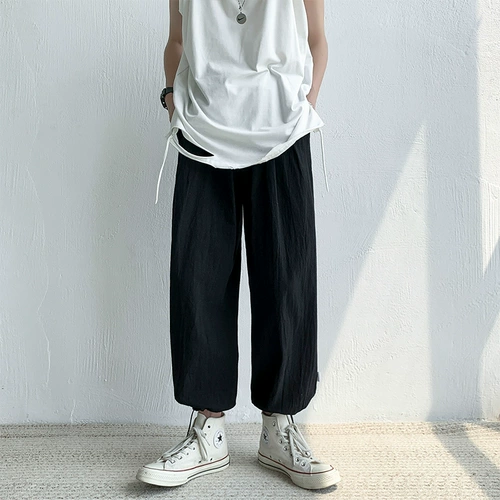 Летние штаны, подсветка пола, трендовый брендовый фонарь для школьников, оверсайз, свободный прямой крой, из хлопка и льна