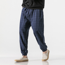 Spring and autumn new Chinese style cotton hemp linen foot pants men plaid large size Harun pants drawstring pants casual pants men