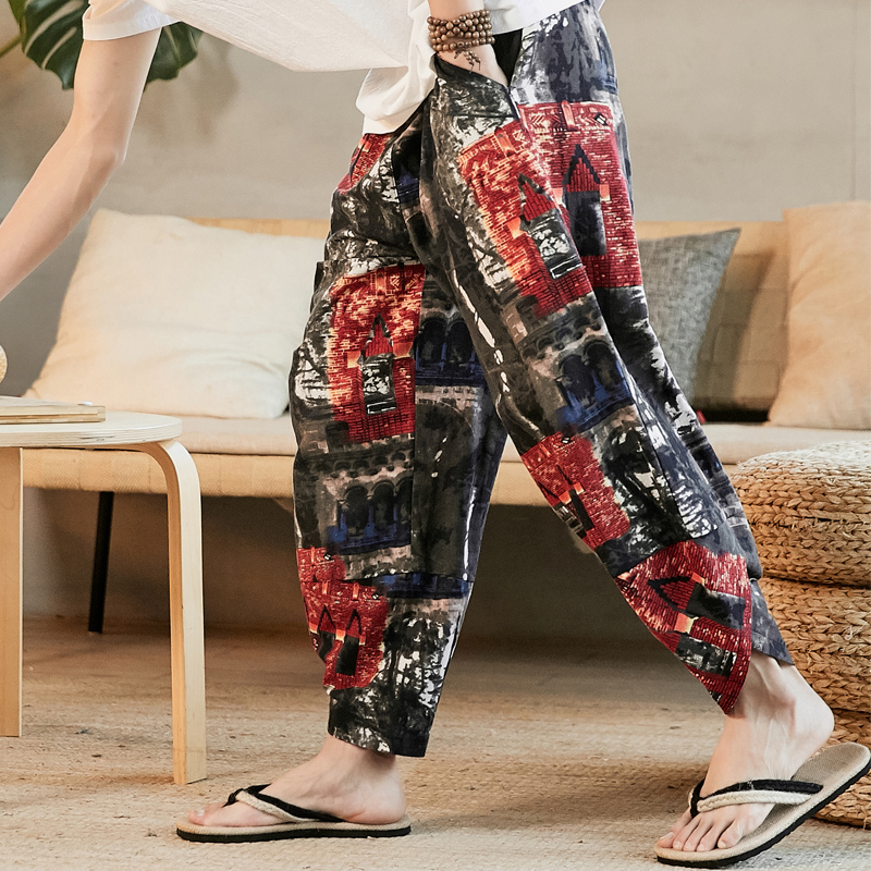 Quốc bông mùa hè gió Maharun quần nam retro lớn đang chín điểm quần loose-fitting hoa quần rộng chân thường quần Han