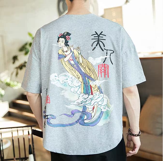 Mùa hè Trung Quốc gió ngắn tay in nửa tay áo T-shirt người đàn ông trẻ béo triều loose-fitting retro gió đang lớn người đàn ông T