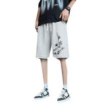 New Chinese style shorts mens summer 2024 new bamboo leaf print sports campus style youth five-point straight pants