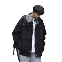 Black Lapel Jacket Mens Autumn 2024 New Trendy Brand Teenagers Japanese Retro Casual Labeled Workwear Jacket