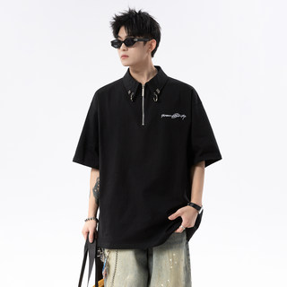 V37美式刺绣Polo衫男2025秋季新款短袖t恤高街宽松休闲五分袖体恤