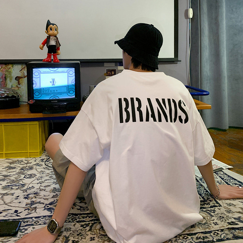 Round collar short sleeve T-shirt male summer new 100 lap loose large size and half cut sleeve T-shirt harbor wind Korean version trendy blouse