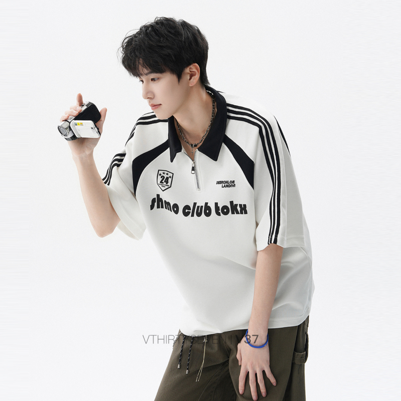 V37 American Style Half-Zip Short-Sleeve Polo Shirt for Men, Summer Trendy Brand, Biker Style Design, Loose Casual Half-Sleeve T-Shirt V37 American Style Half-Zip Short-Sleeve Polo Shirt for Men, Summer Trendy Brand, Biker Style Design, Loose Casual Half-Sleeve T-Shirt