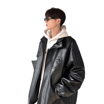 立体字母印花鳄鱼纹翻领外套男春季cleanfit美式潮牌宽松休闲夹克