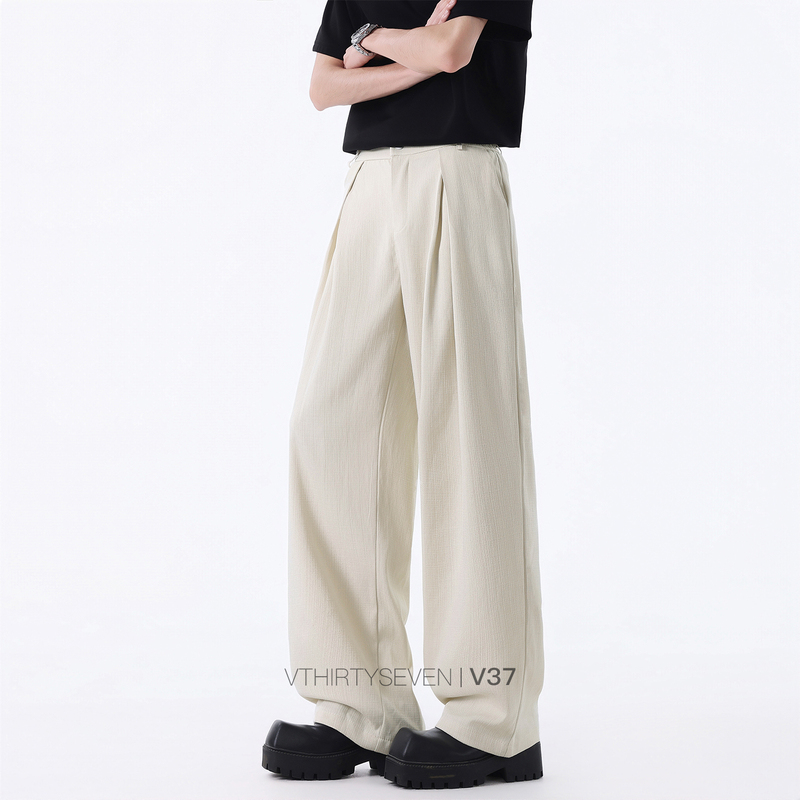 V37 Old Money Style Draped Pleated Wide-Leg Pants for Men, Autumn Breathable Linen-Like Casual Pants, Off-White Straight-Leg Long Pants