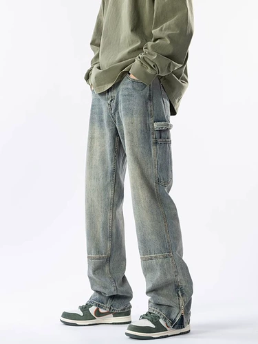 Осенние джинсы, штаны с молнией, изысканный стиль, в американском стиле, свободный прямой крой