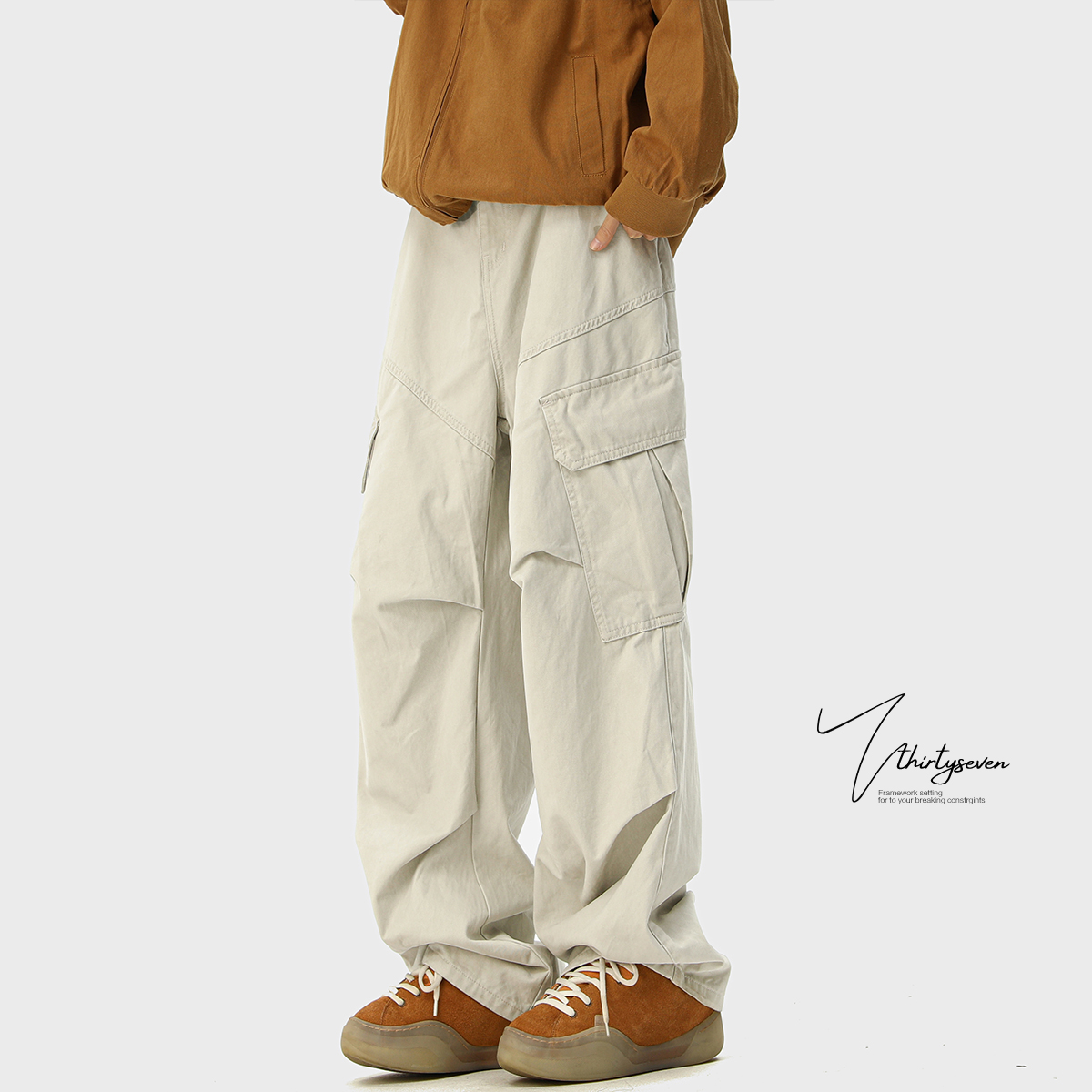 V37 カーキ 日本製ワークパンツ メンズ 2025年新作 夏服 高級万能ルーズカジュアルパンツ