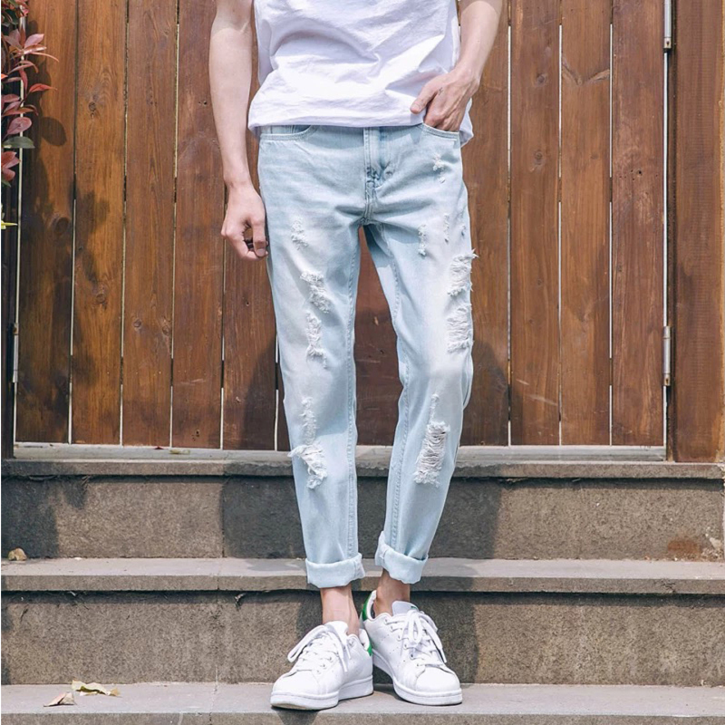 Summer New Light-Colored Ripped Jeans Men's Trendy Nine-Point Pants Korean Style Trendy Slim-Fitting Pants Loose Straight Legs