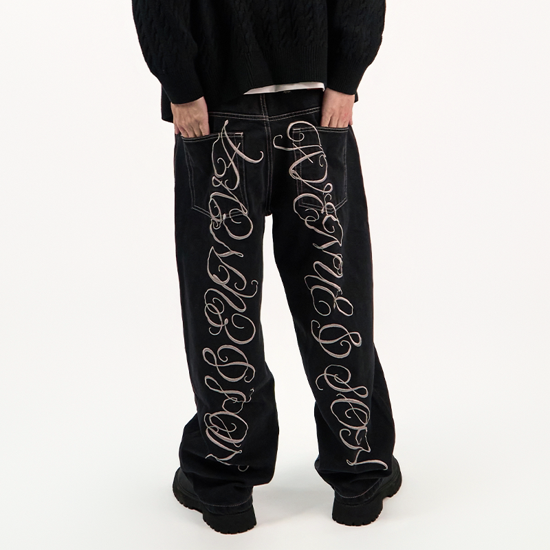 Avenueson Avenue Son 2025 Two-Tone Heavy Embroidery Straight-Leg Wide-Leg Skateboarding Street Dance Jeans