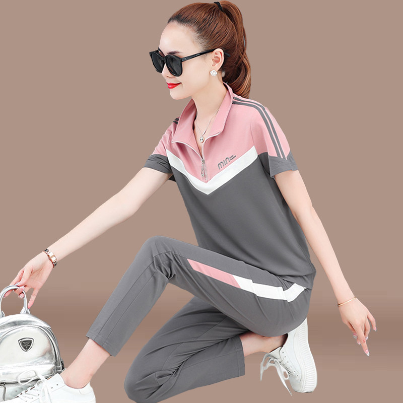 Casual set women's summer 2021 new stand-up collar short sleeves loose thin fashion running sportswear two-piece set