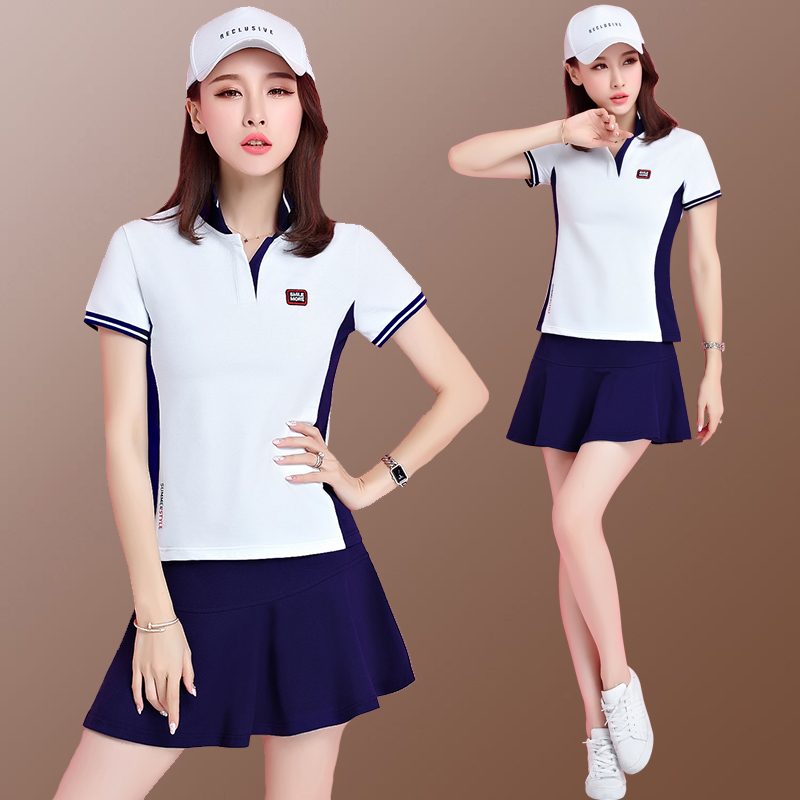 Tennis Suit Sports Suit Women Summer 2022 New Short Sleeves Short Skirt Korean version Skirt Pants Casual Baseball Collar Sports Cover Skirt