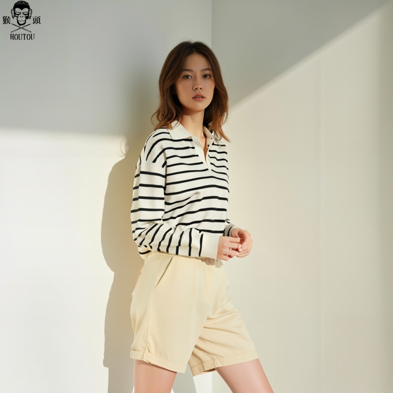 Houtou2025 Autumn/Winter Zebra Stripe Lapel Sweater Unisex Knit Pullover Youth Pure Cotton Trendy Brand Sup