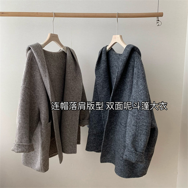 WTHEONE高奢质感澳洲羊毛双面毛呢大衣中长款连帽大衣女2024秋冬